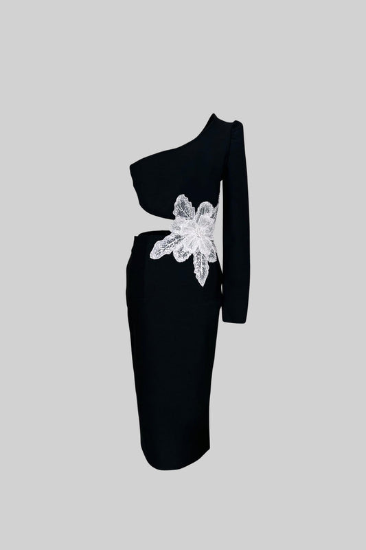 MARMONT One Shoulder Midi Dress with Contrastant Flower detail - Black