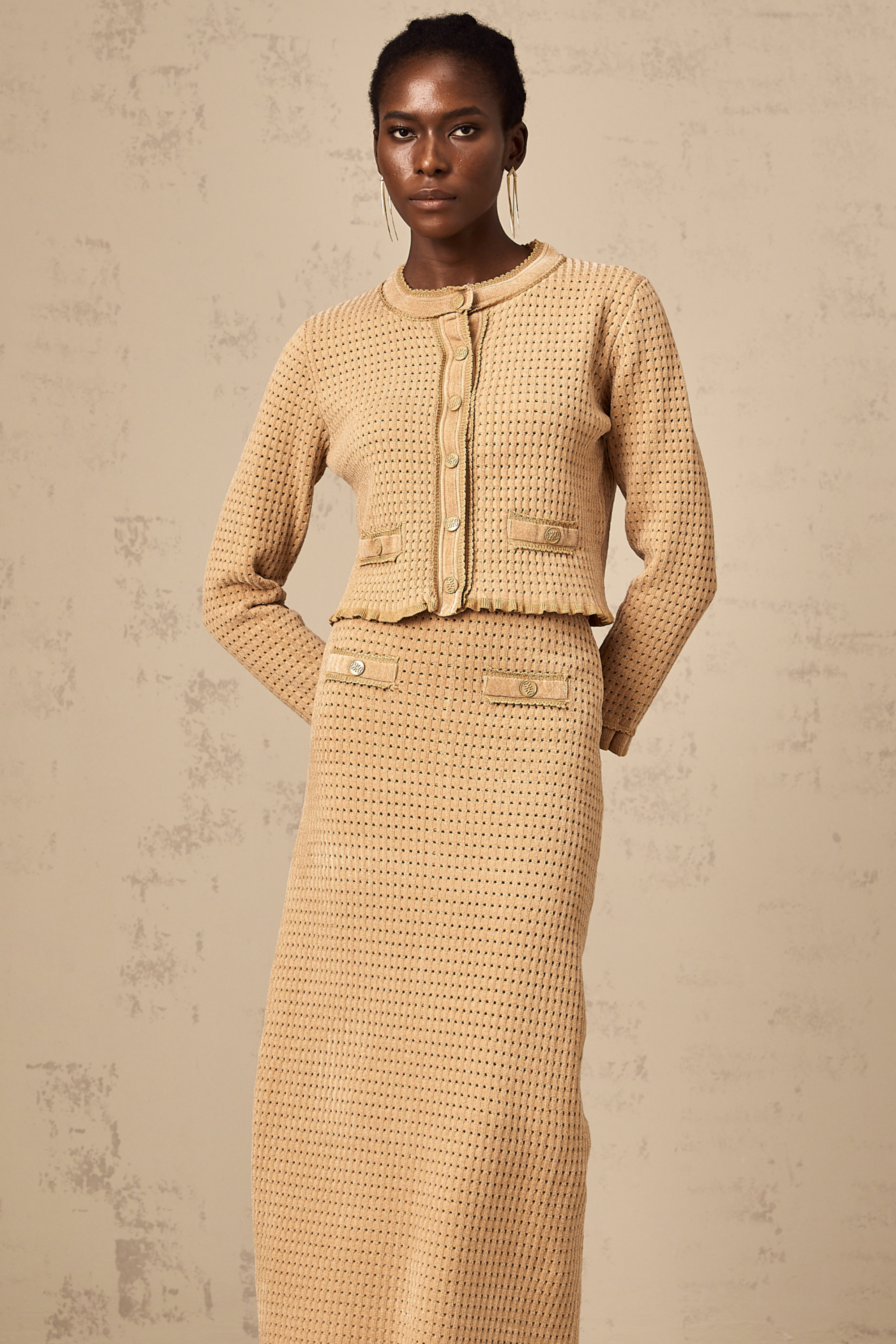 Léna khaki knitted cardigan & skirt matching set (US Only)