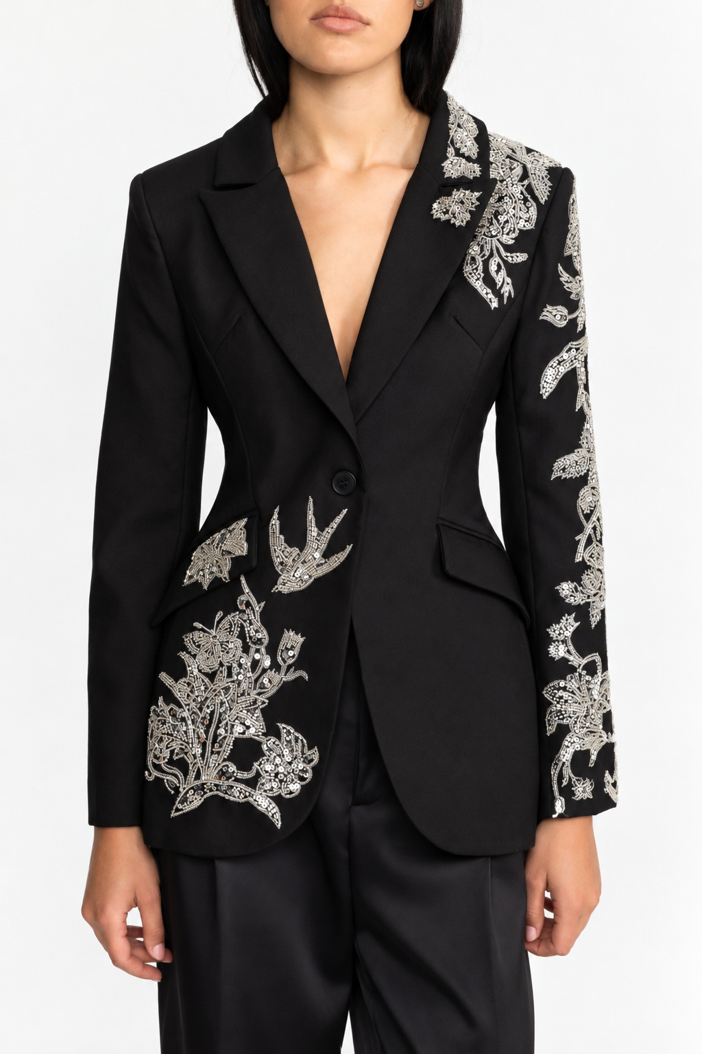 Noëlle Black Sequin Bird Embroidered Tailored Blazer