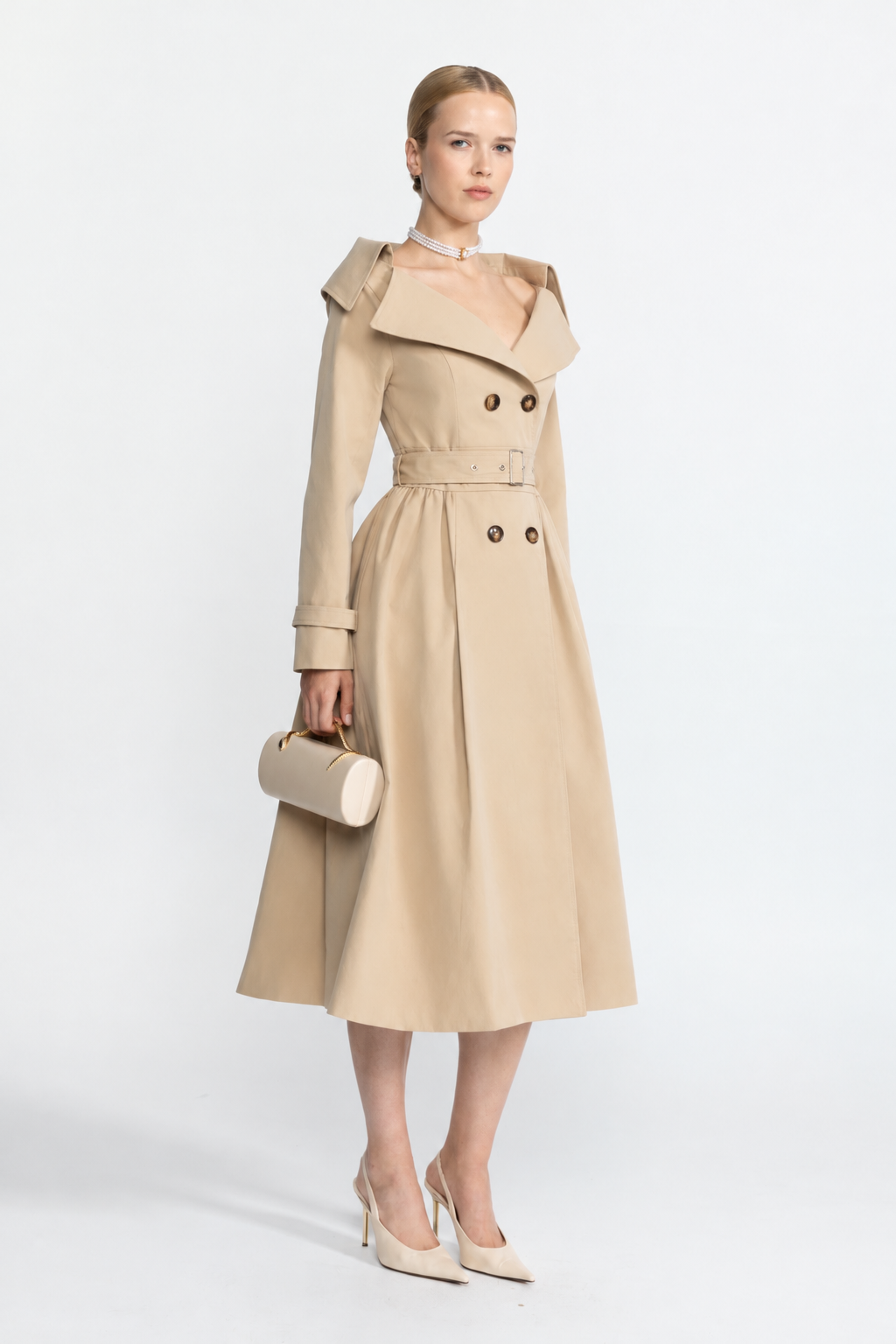 Ariane Beige Off-Shoulder Collar Belted Trench Dress