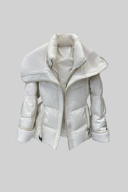 Puffer Jacket with Oversized Shearling Collar And Cuffs - White
