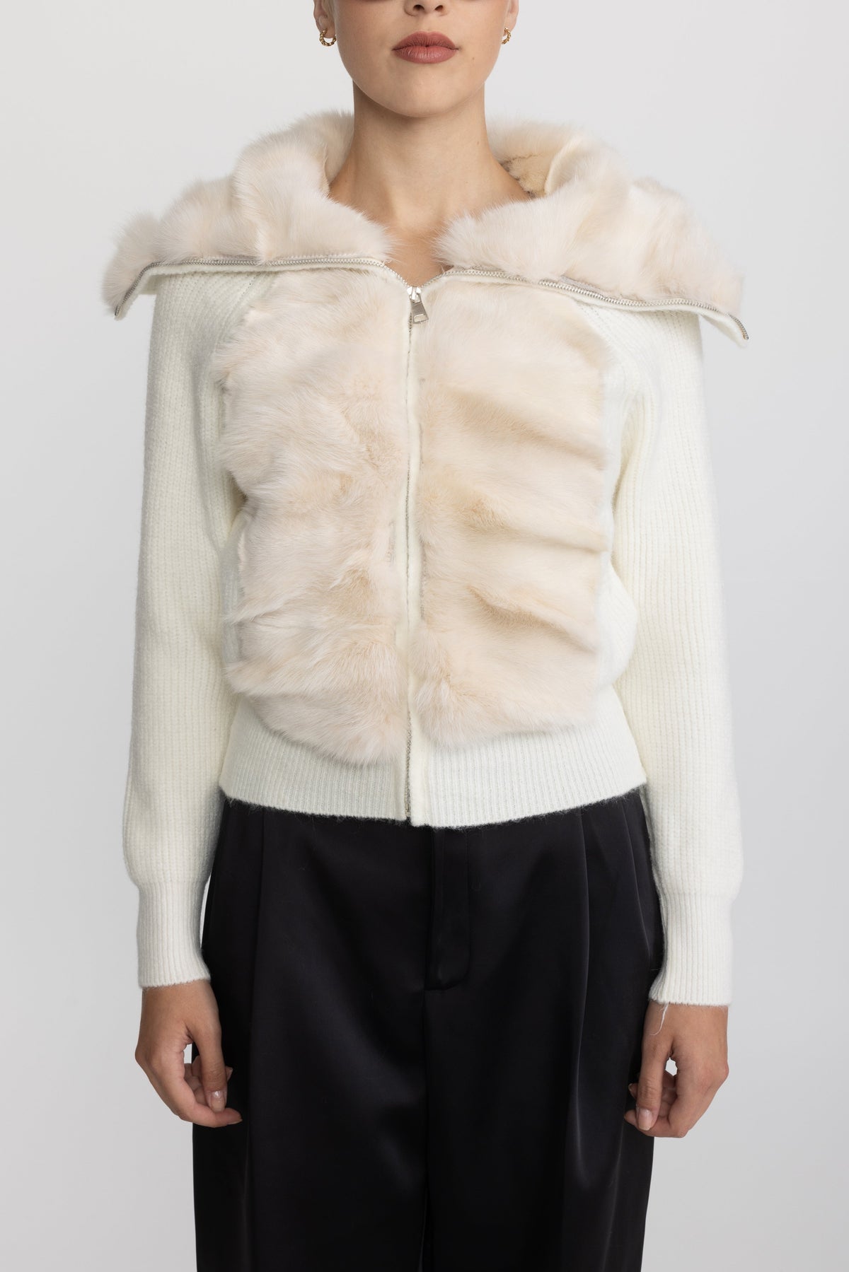 Rabbit Fur Panel Knit Zip Cardigan - Ivoire