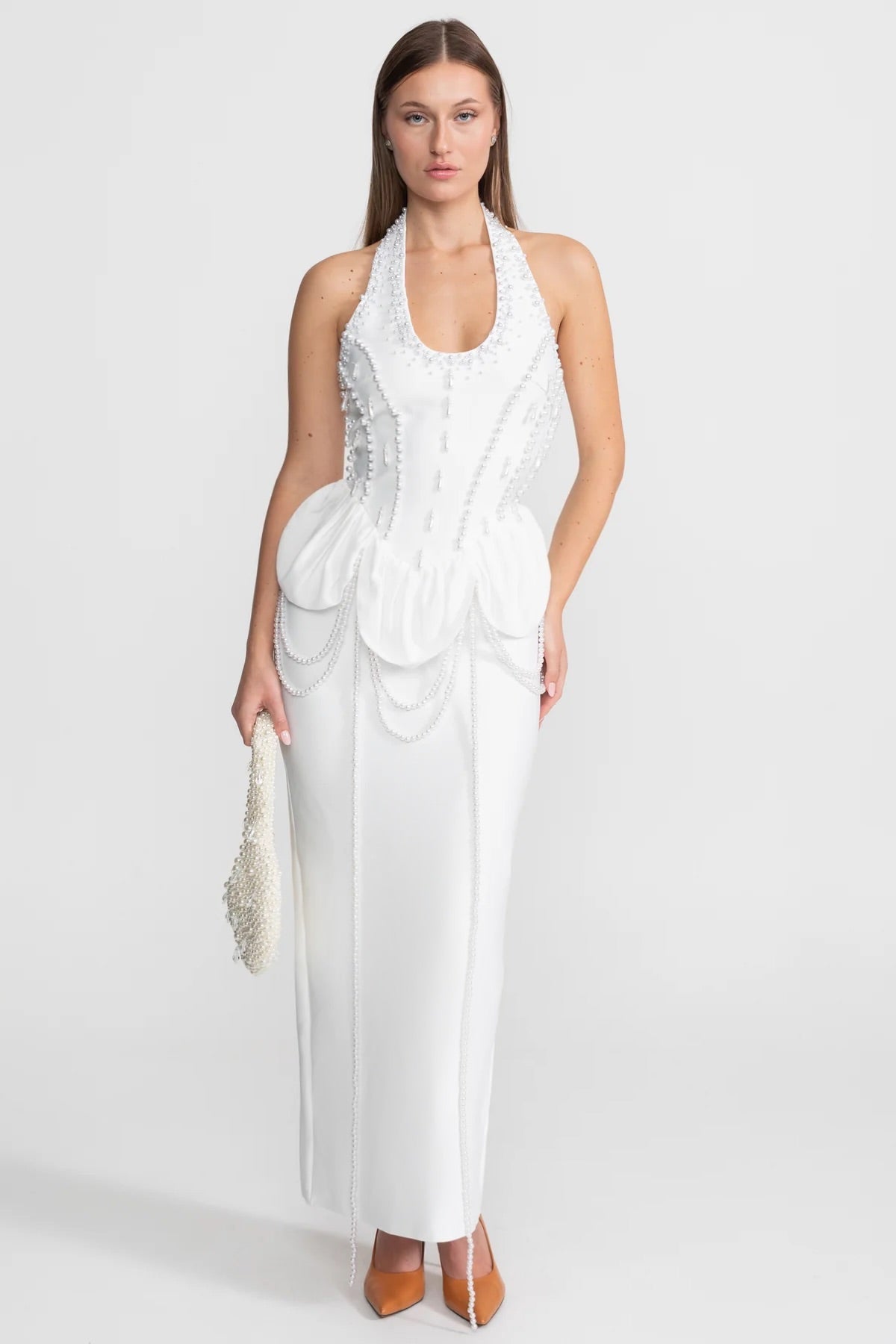 Embellished Halter Maxi Dress With Gathered Peplum Detail – White