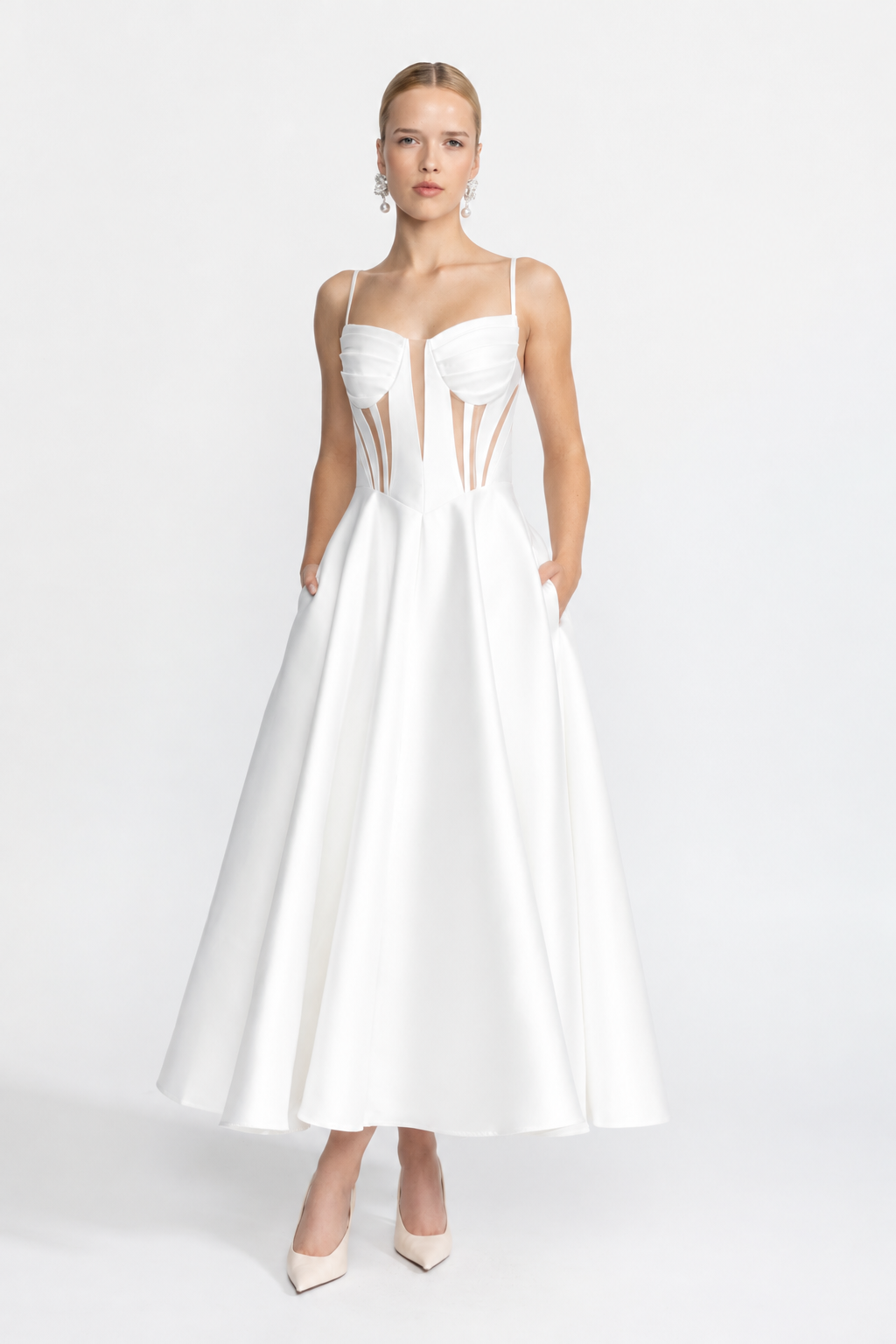 Josephine White Sheer Panel Satin Corset Midi Dress