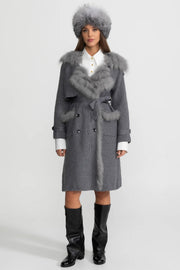 Ariadne Grey Double-Breasted Wool Knit Overcoat With Fur Trim