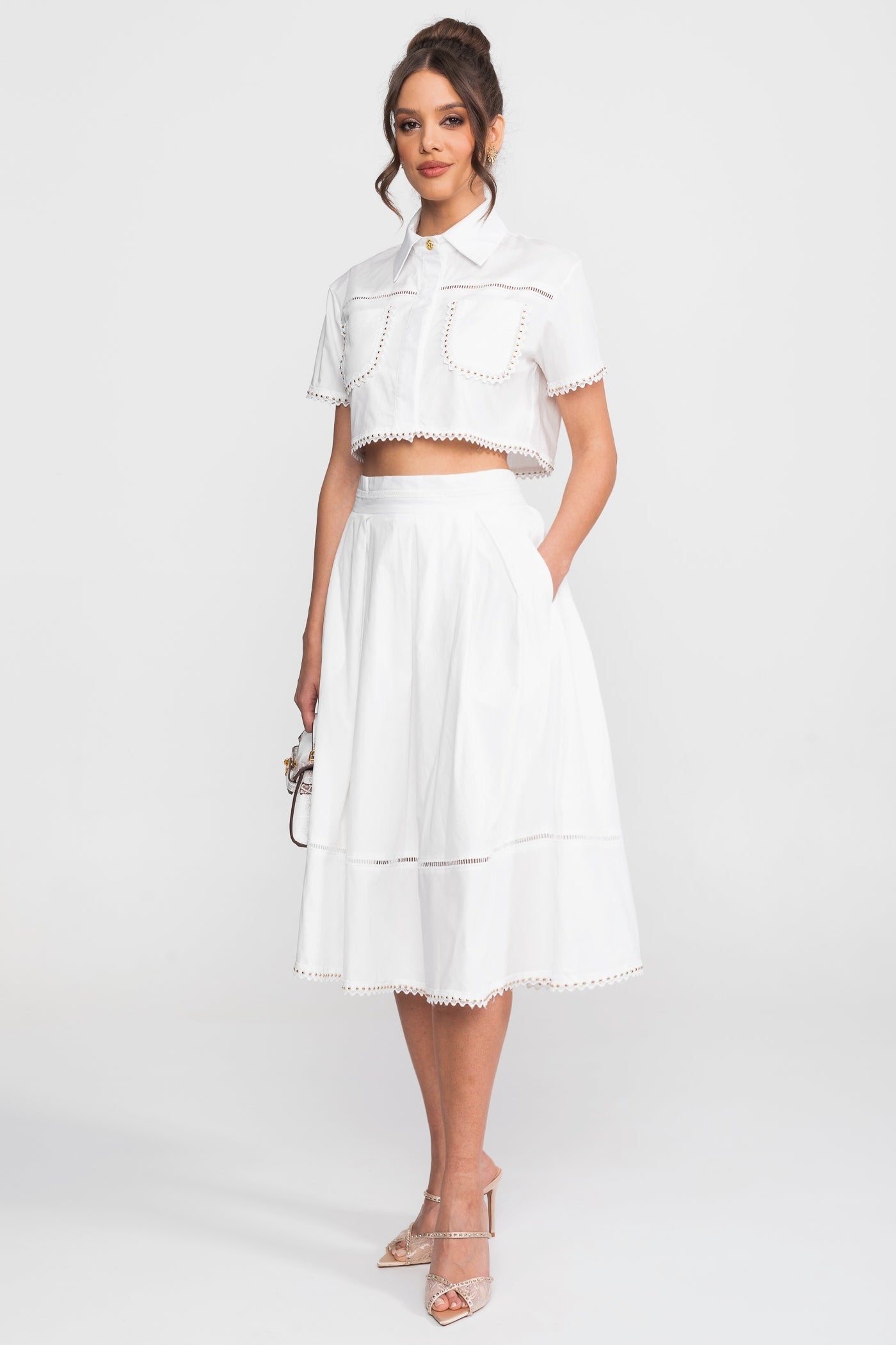 Broderie-Trim Cropped Shirt And Midi Skirt Co-Ord Set - White