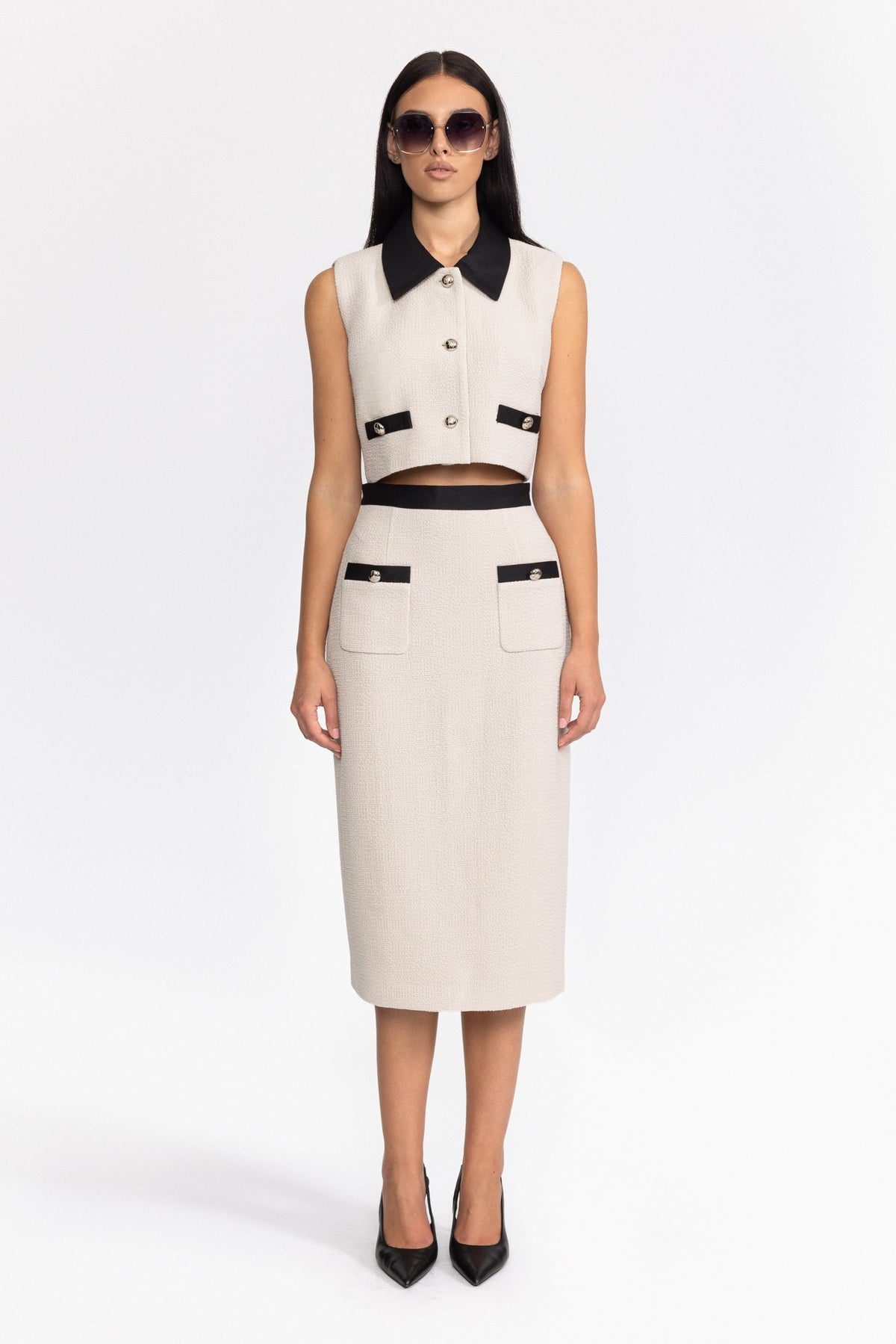 Contrast Collar Tweed Crop Top and Midi Skirt Set - Off-White