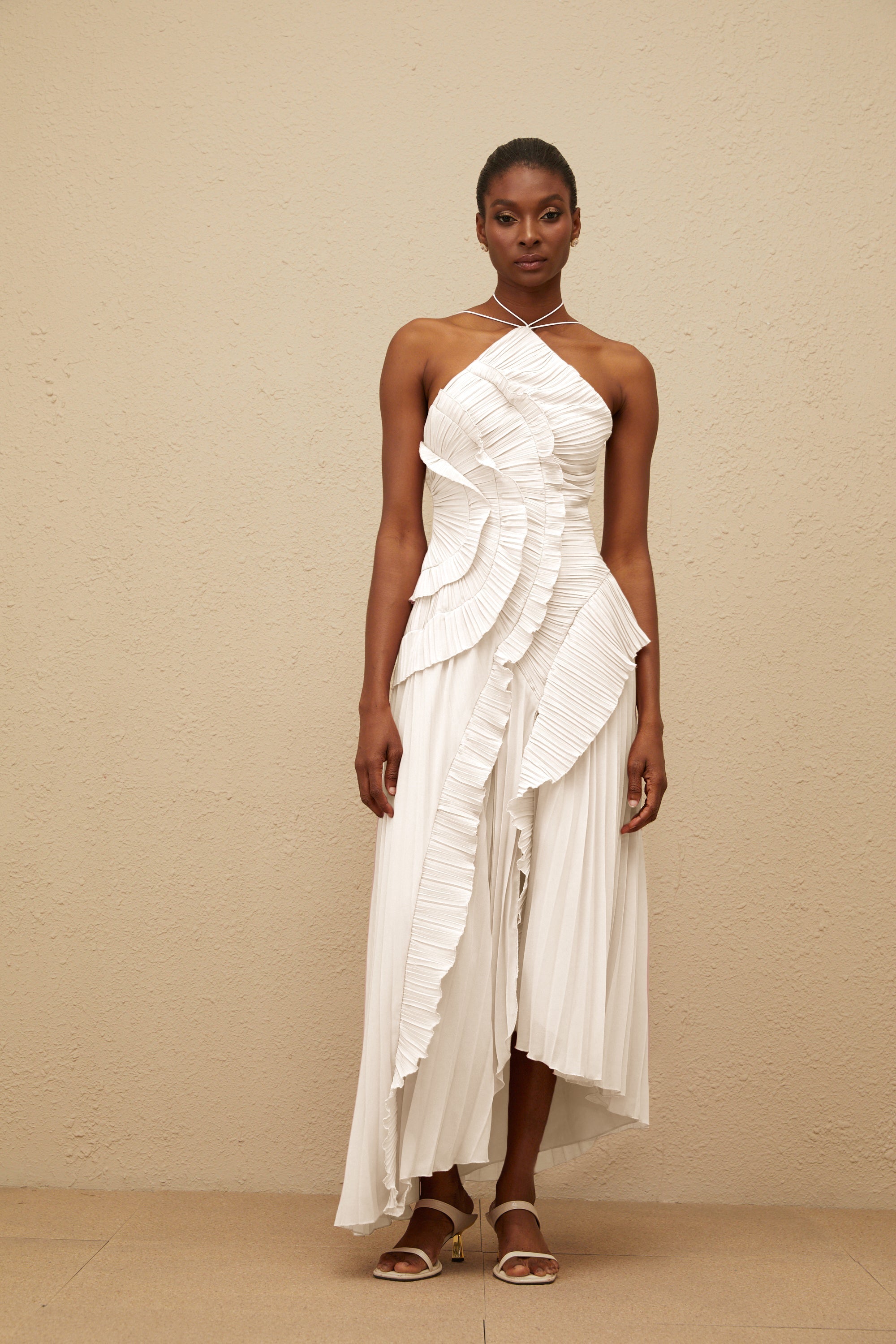 Doux White Ruffled Trim Pleated Midi Dress (Final Sale-US Only)