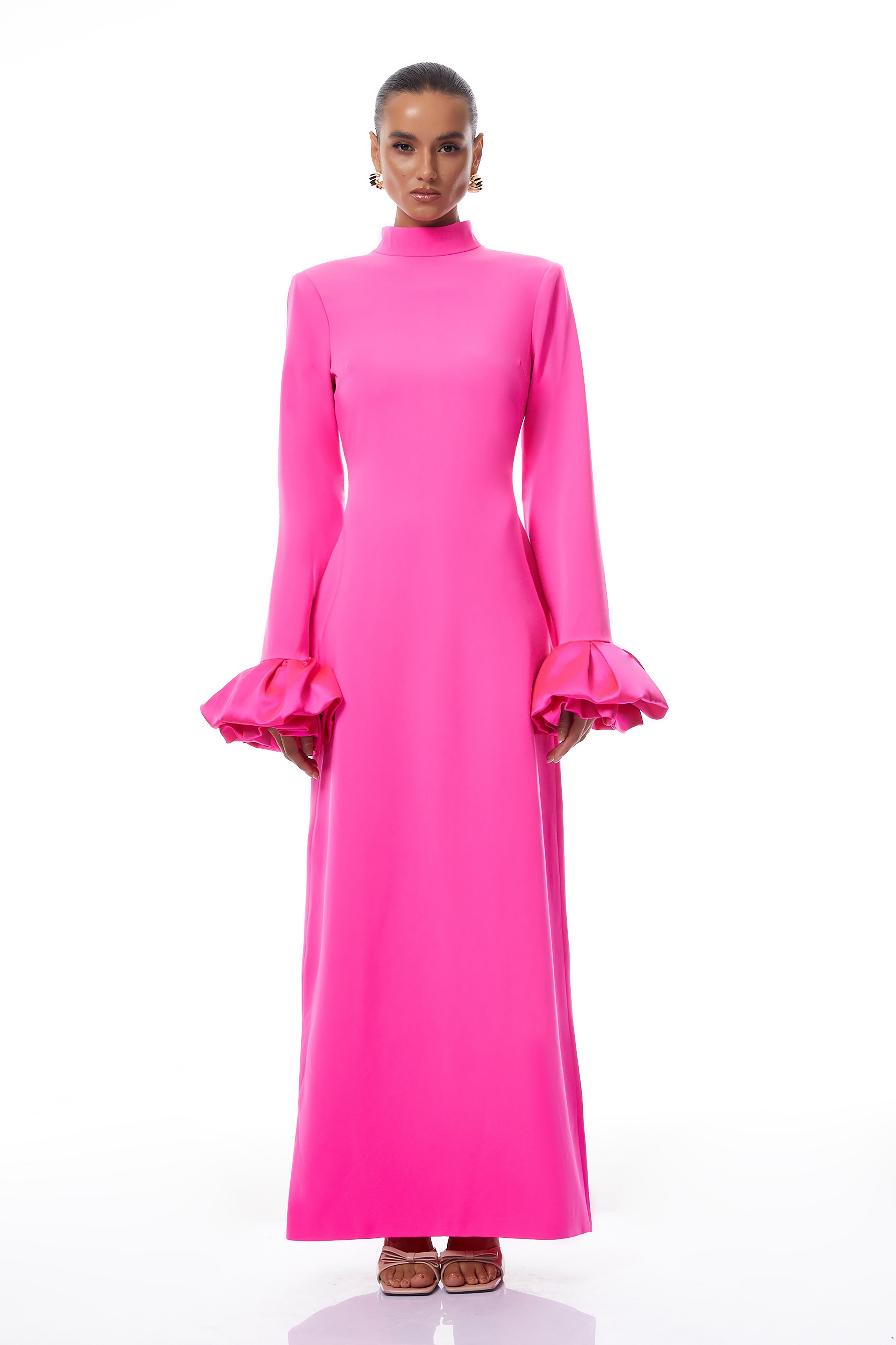 Eugenia Hot Pink Petal Cuff Maxi Dress