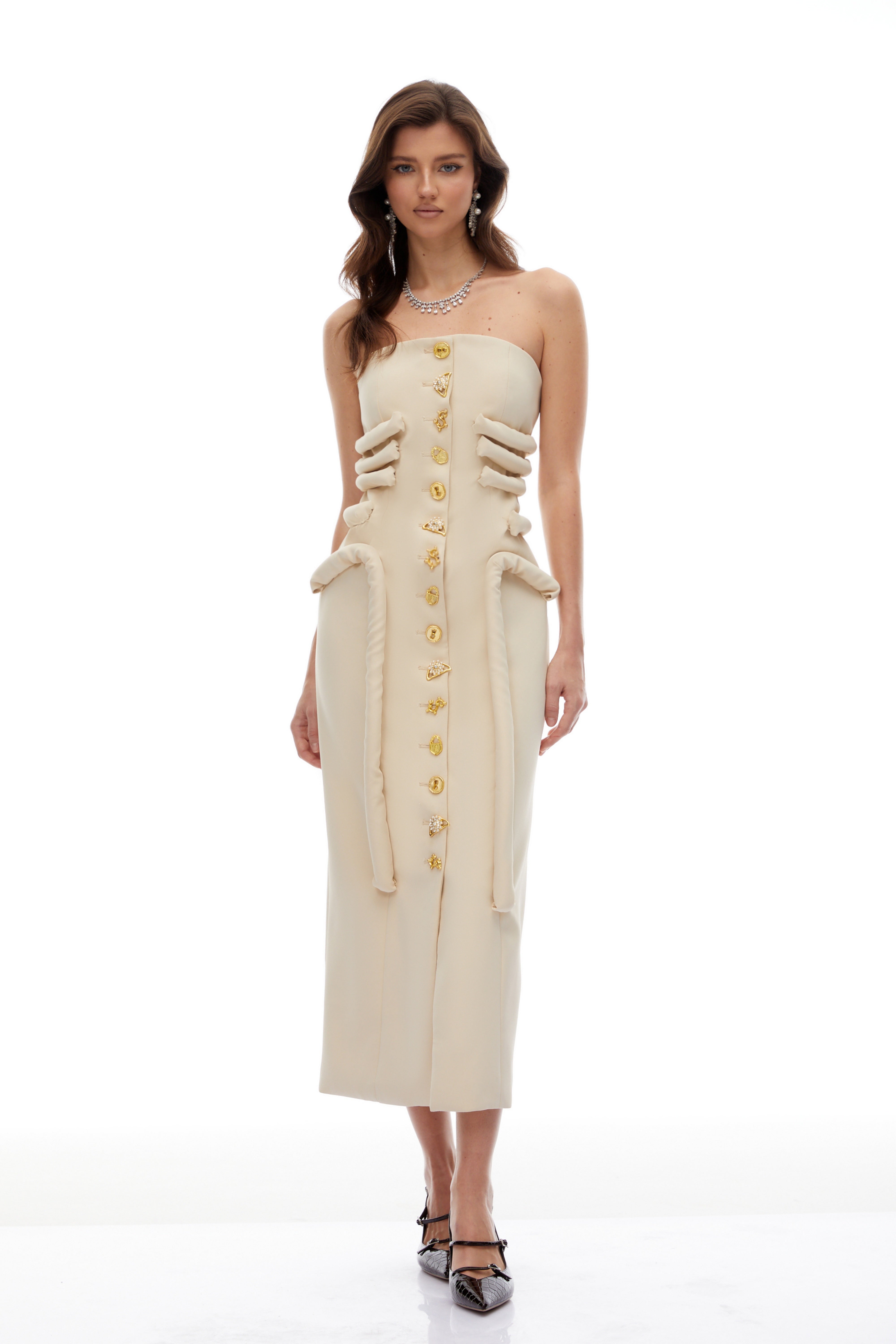 Thera Neutral Strapless Decorative Button Midi Dress (Final Sale)