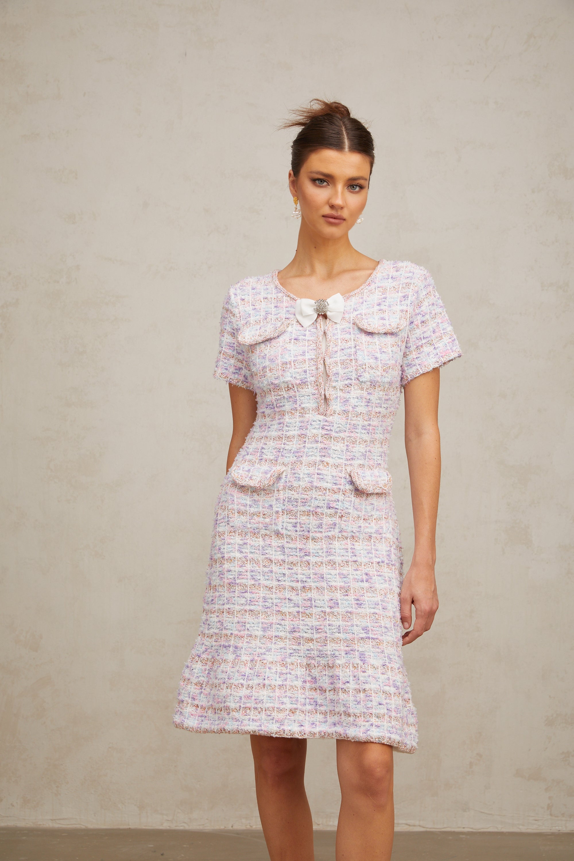 Hyacinthe purple checked knit midi dress
