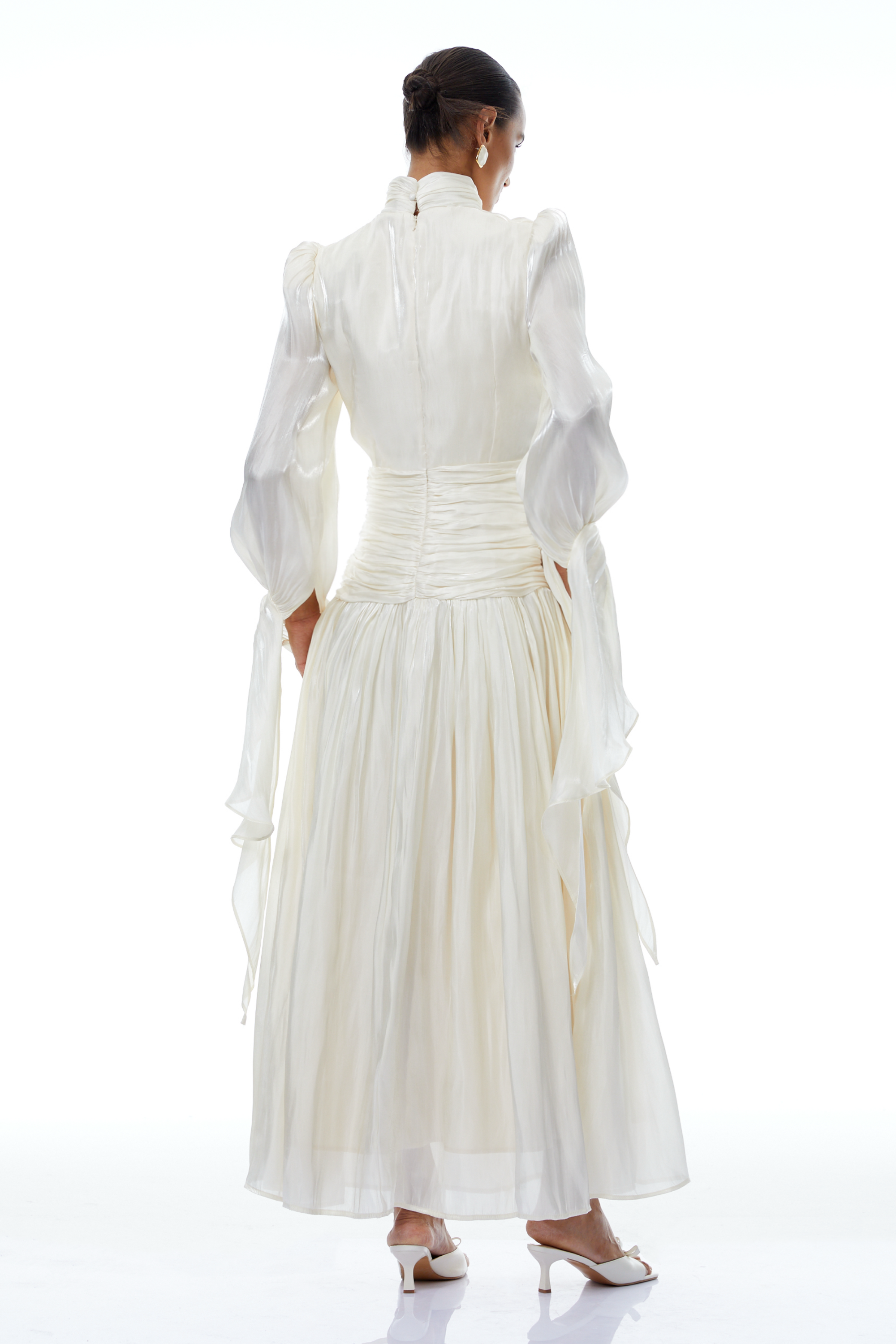 Sarolta Neutral Glossy Ruched Maxi Dress (Final Sale-US Only)