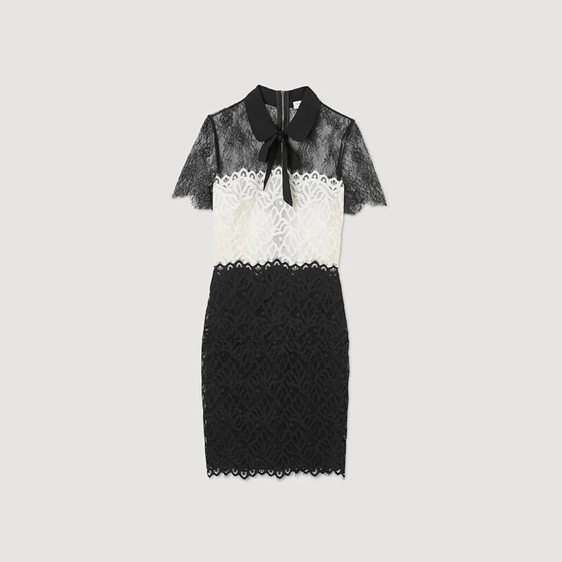 SANDRO TWO-TONE LACE MINI DRESS - Black / White