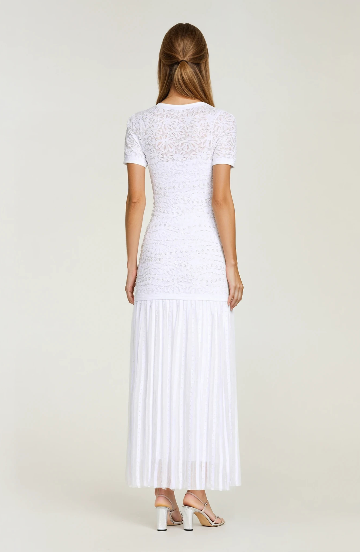 Sandro Celeste Embellished Knit Maxi Dress with Cropped Pearled Cardigan - Pearl White