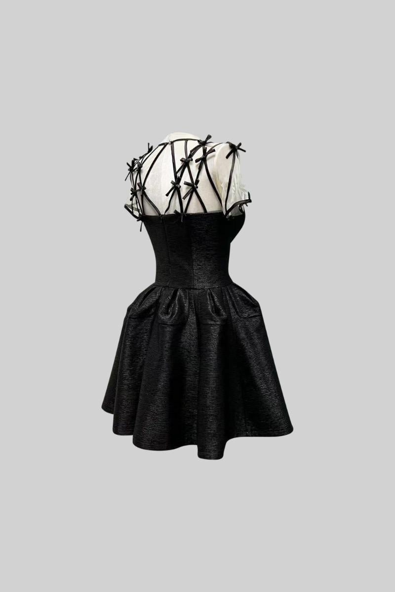 ELYSARA Short Sleeve Mini Dress with Mini Ribbons - Black