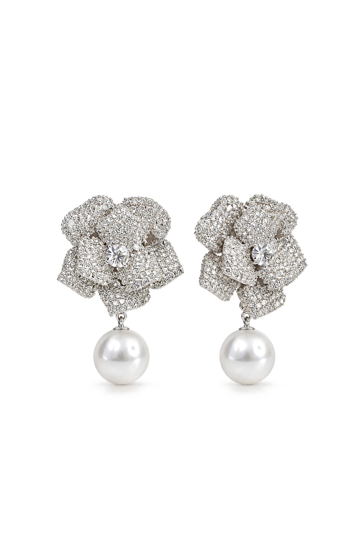 Maud Silver Crystal Camellia Pearl Drop Earrings