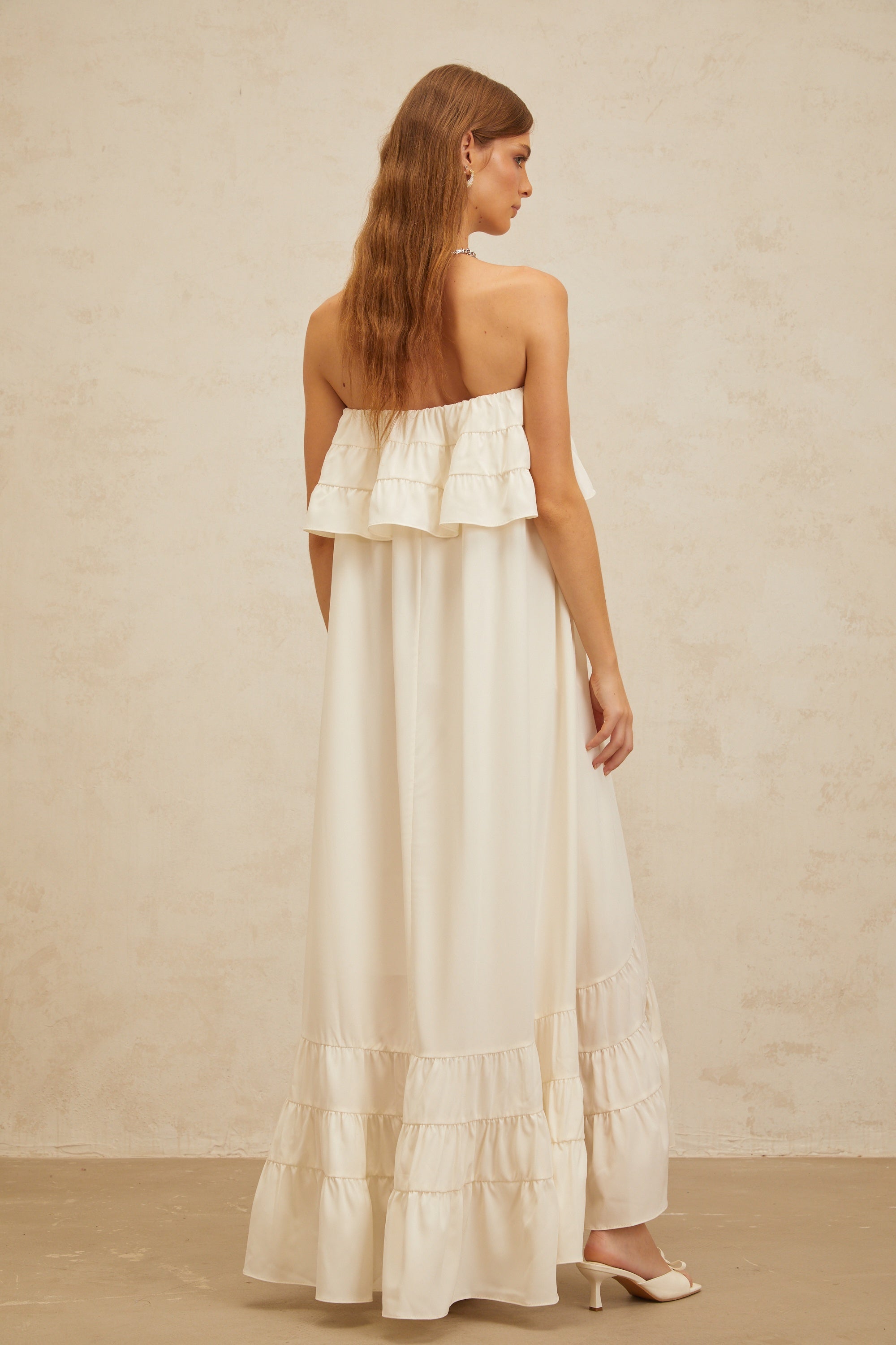 Bénédicte White Vibrant Off Shoulder Shirred Maxi Dress