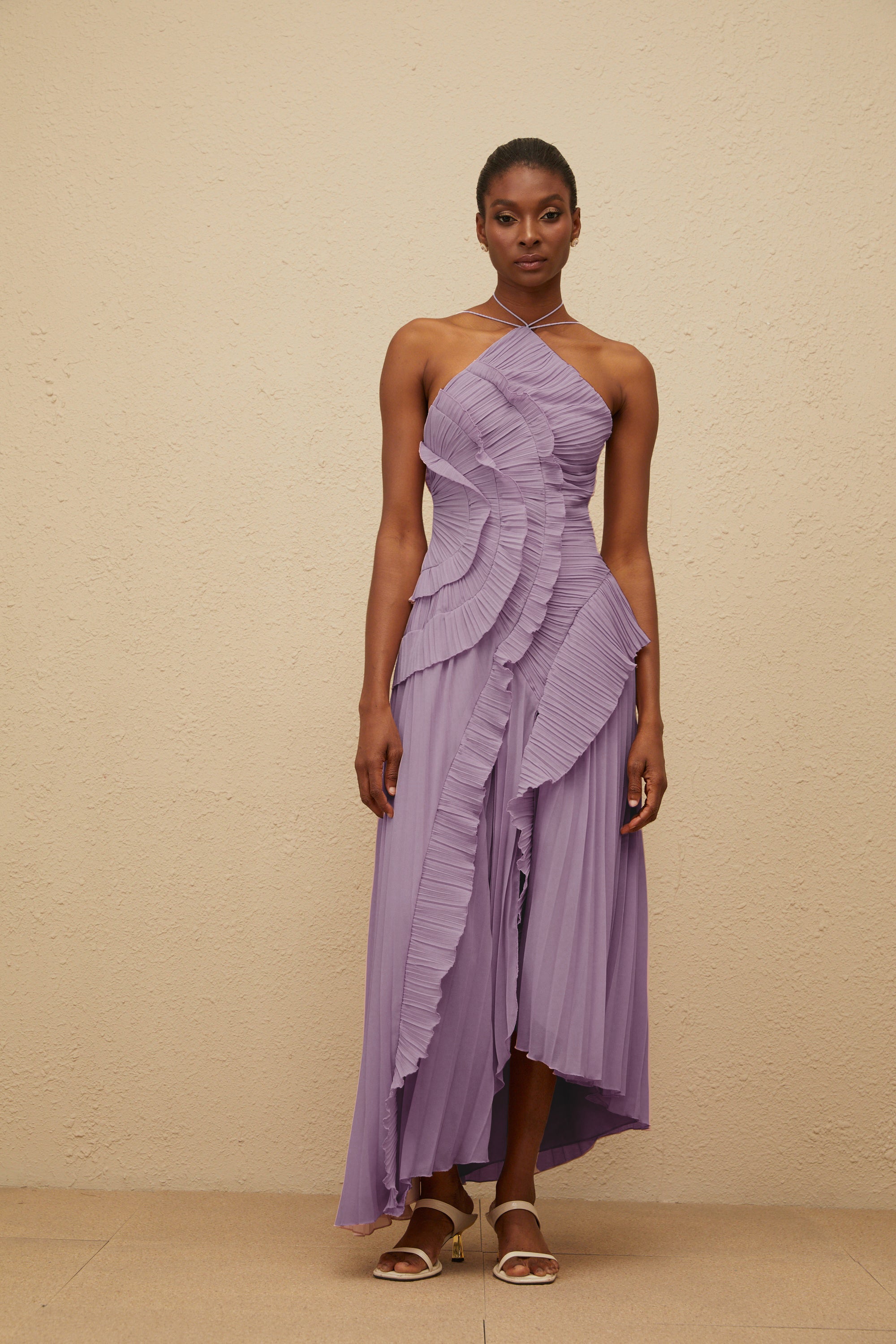 Doux Purple Ruffled Trim Pleated Midi Dress (Final Sale-US Only)
