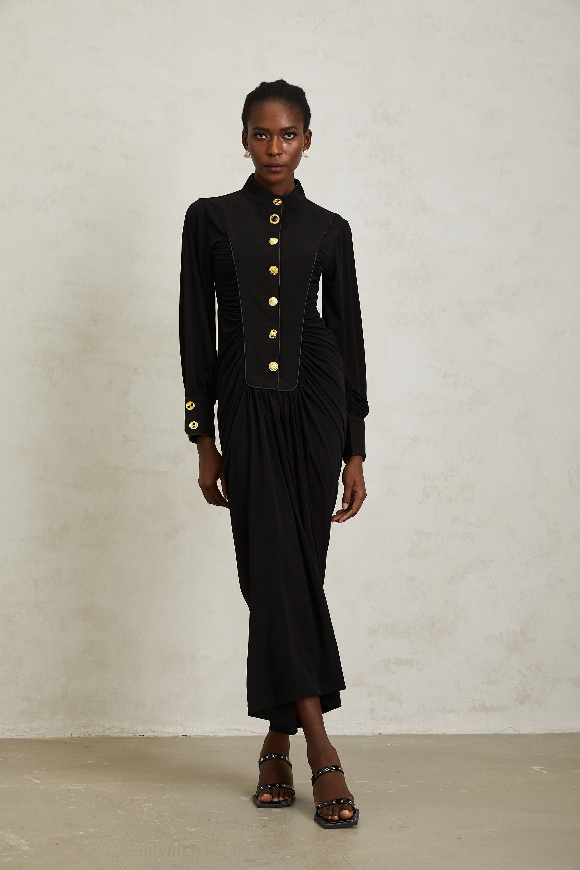 Brooklyn Black Gathered Draped Maxi Dress