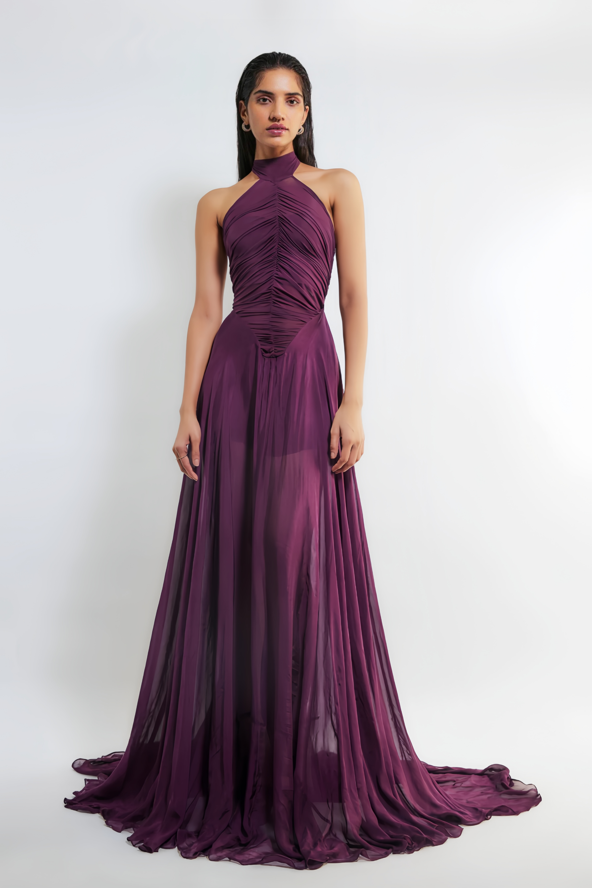 Kerstin Purple Train Design Ruched Maxi Dress