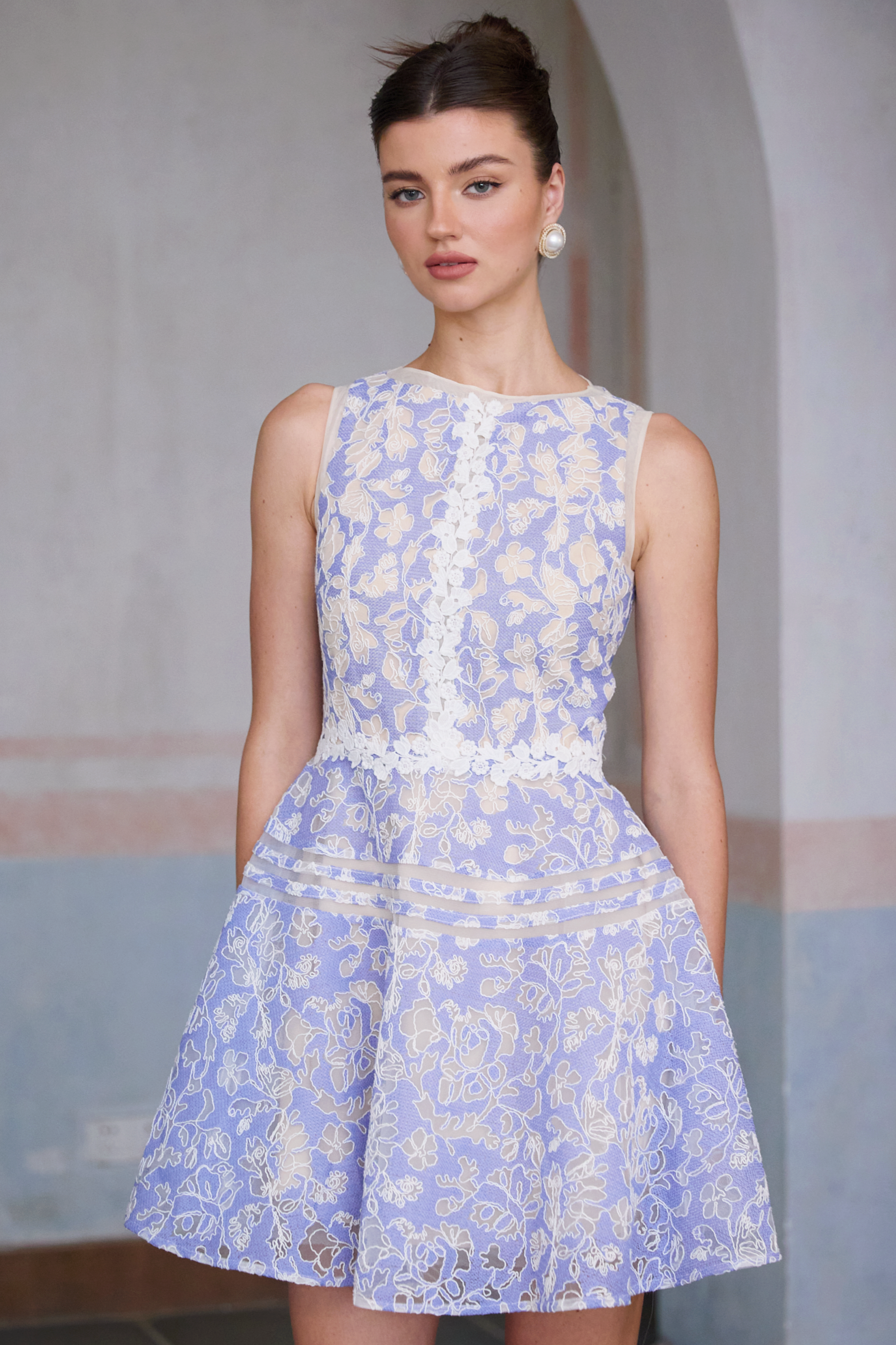 Brigitte Blue Crochet Lace Puff Sleeve Mini Dress (Final Sale-US Only)