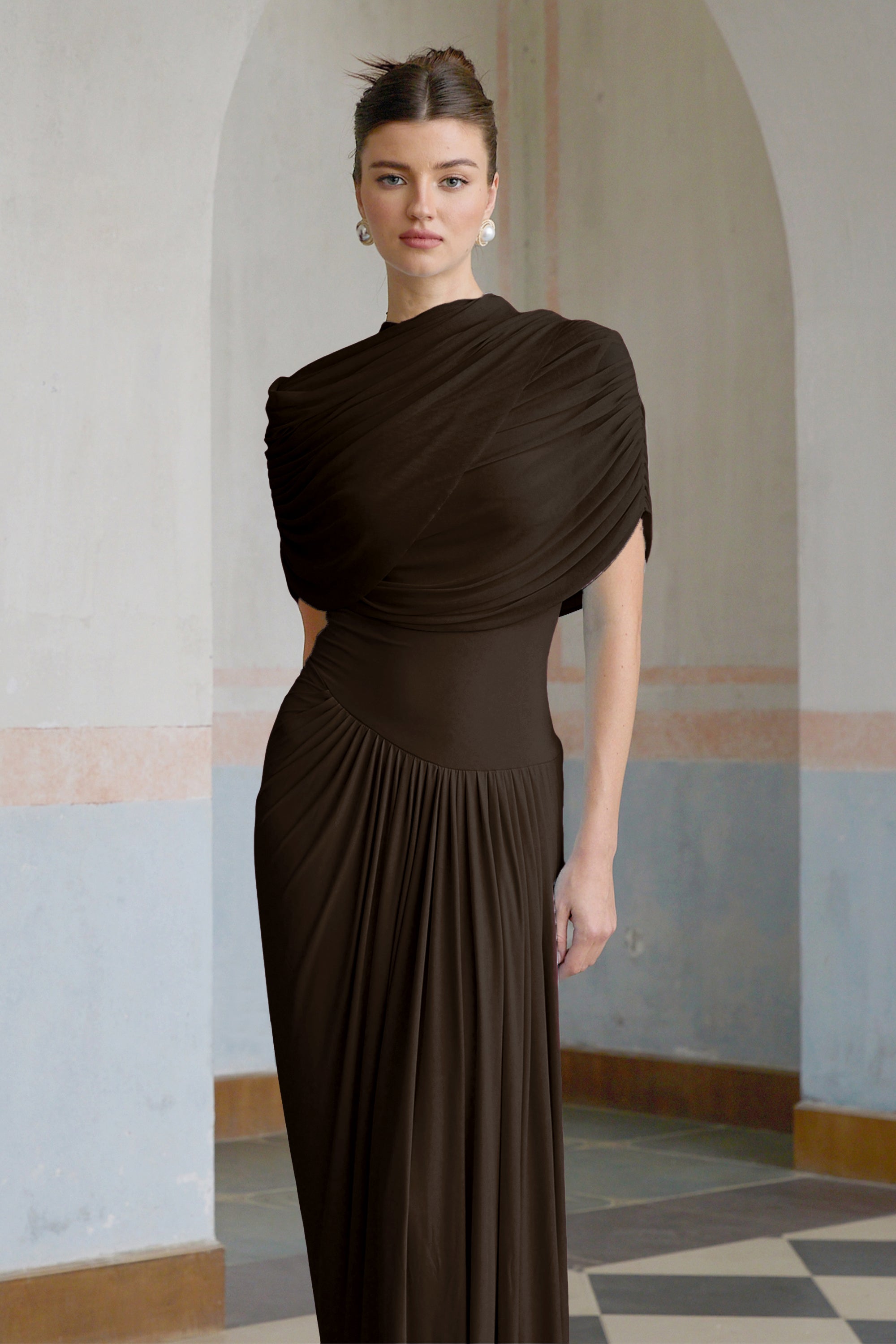 Catherine asymmetrical pleated maxi dress in Brown (Final Sale-US Only)