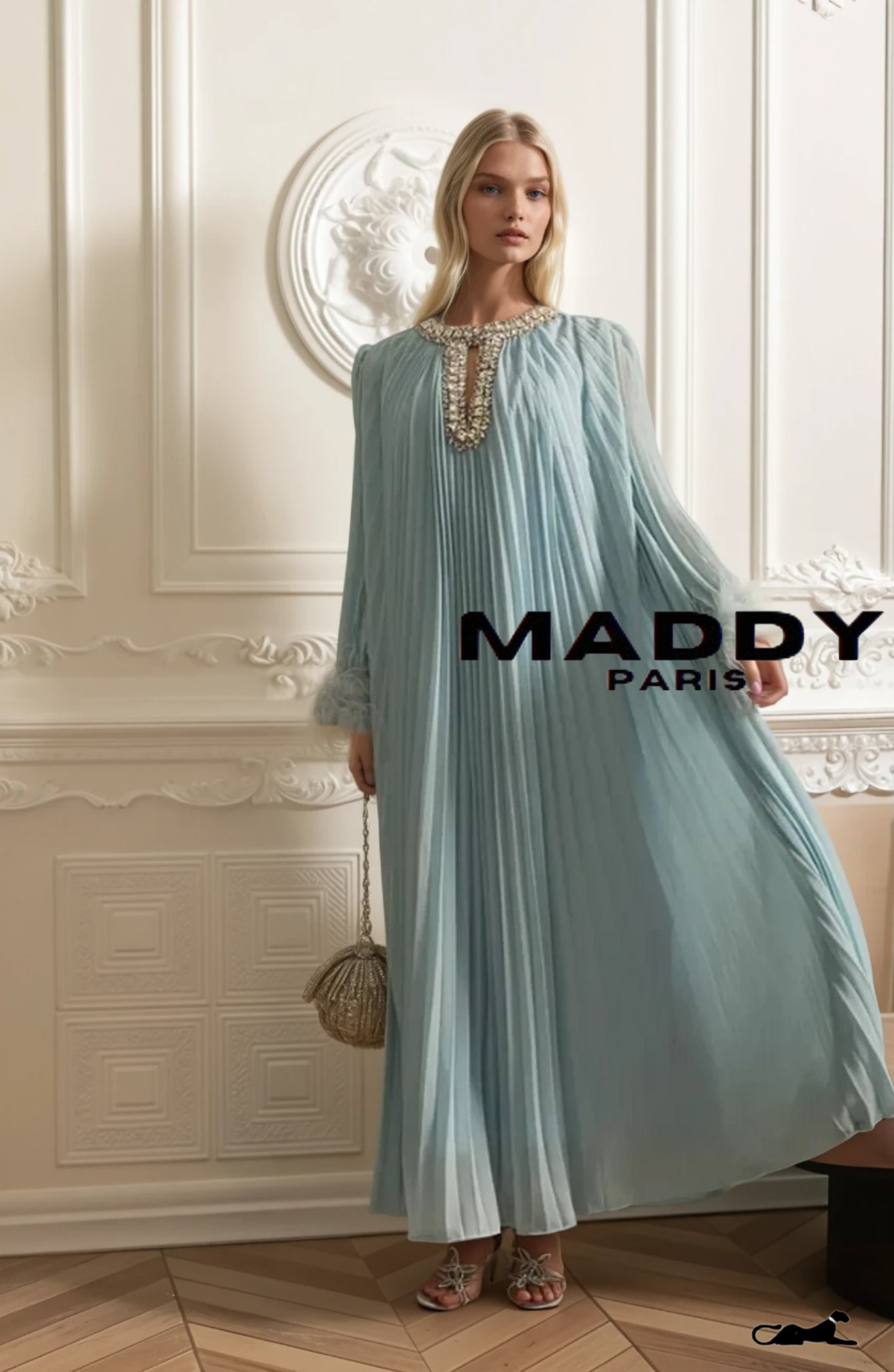 LAMISS Pleated Maxi Dress With Feathered Cuffs And Sparkling Neckline - Blue
