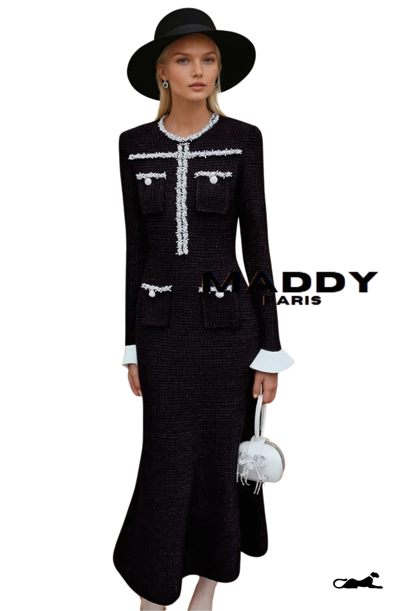 GISELLE EMBELLISHED TWEED MAXI DRESS - BLACK & WHITE
