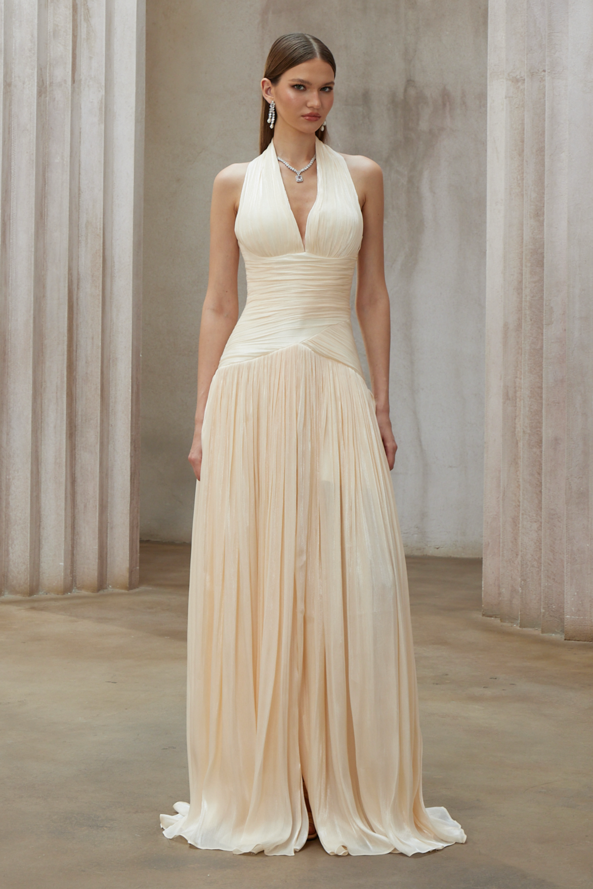 uranie neutral gathered maxi dress