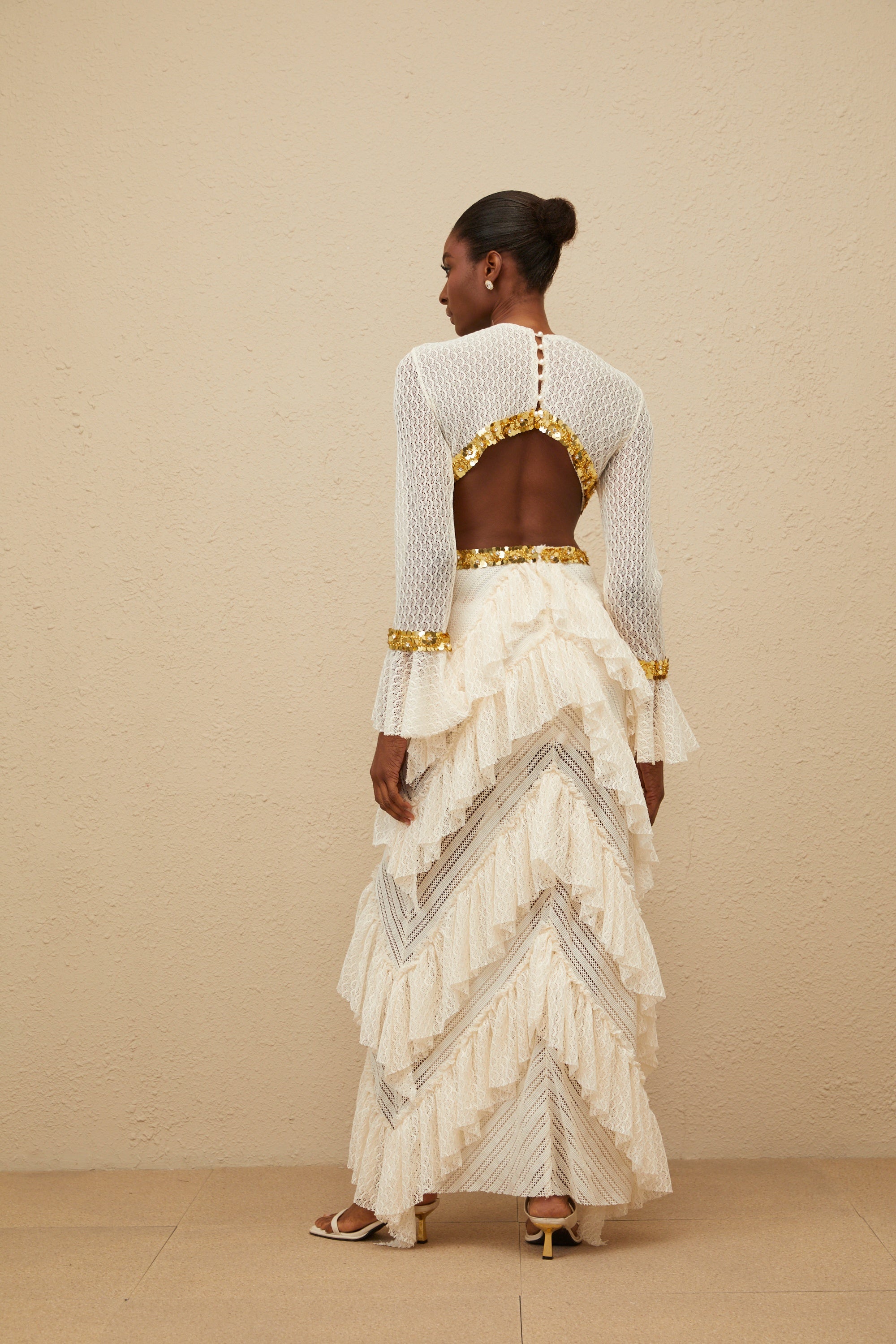 Dorée Neutral Ruffled Sequin Lace Maxi Dress
