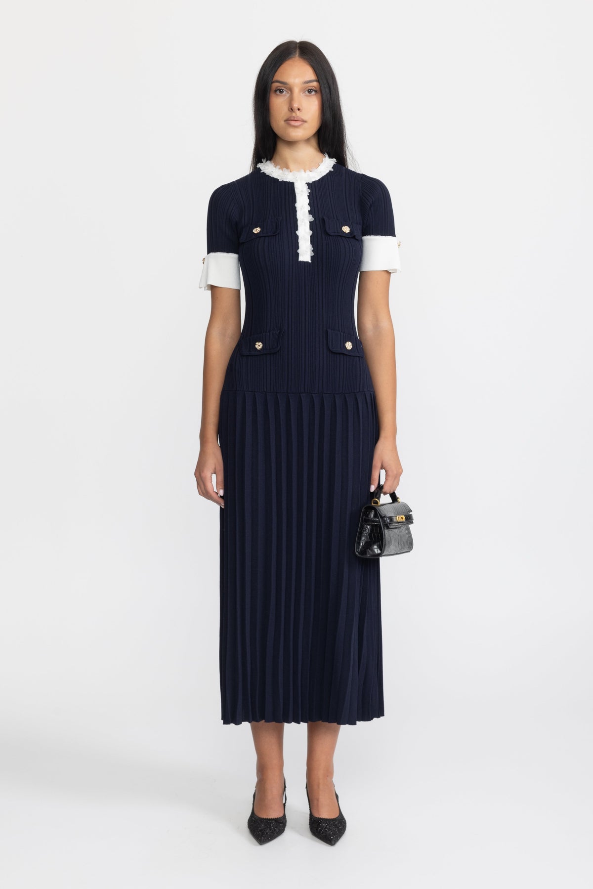 Pleated Knit Ruffle Trim Midi Dress - Navy