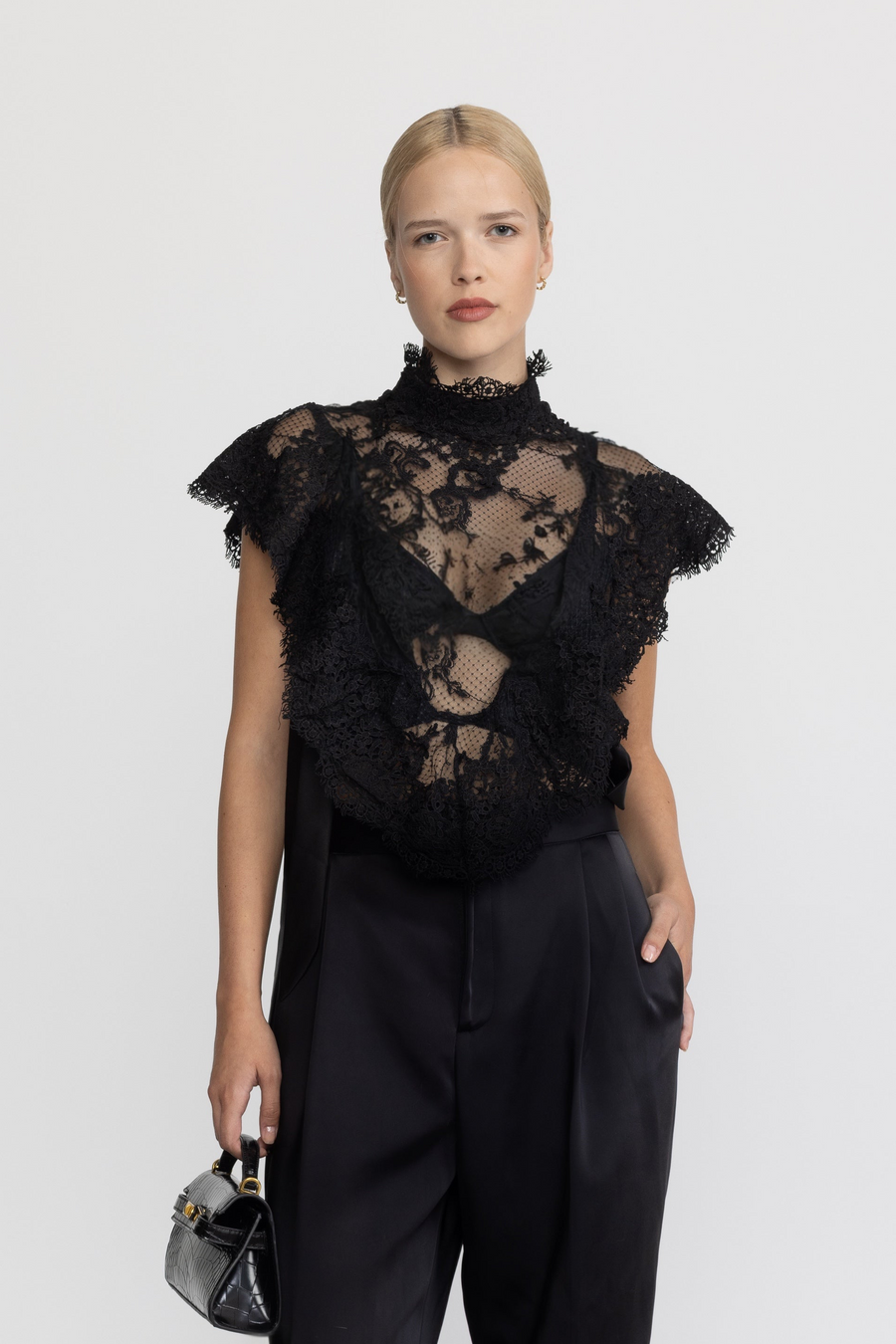 Sheer Lace Ruffle Mock Neck Top - Black