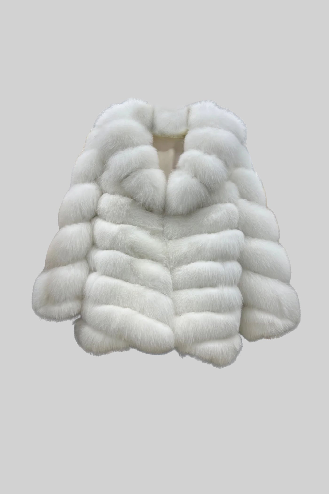 Tiered Fox Fur Jacket With Oversized Shawl Collar – White