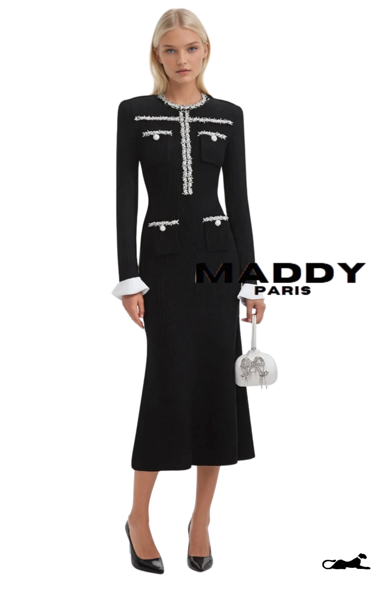 GISELLE EMBELLISHED TWEED MAXI DRESS - BLACK & WHITE