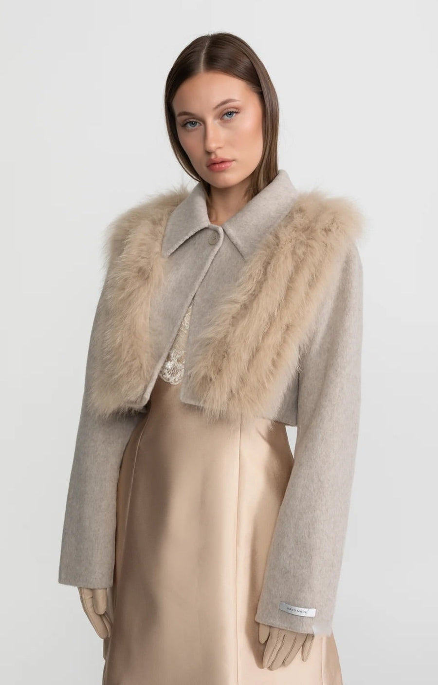 Wool Cropped Jacket with Fox Fur Collar – Taupe