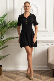 Ribbed Mini Dress With Buttoned Front And Flounced Sleeves - Black