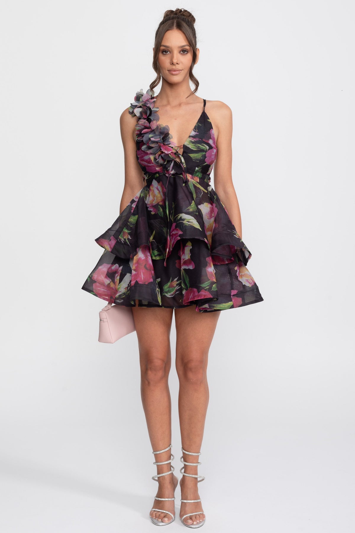 Floral Print Tiered Mini Dress With Ruffled Shoulder Strap - Black