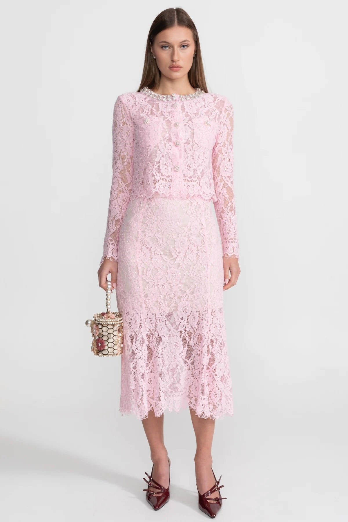 Lace Co-ord Set with Embellished Collar and Buttons - Pink