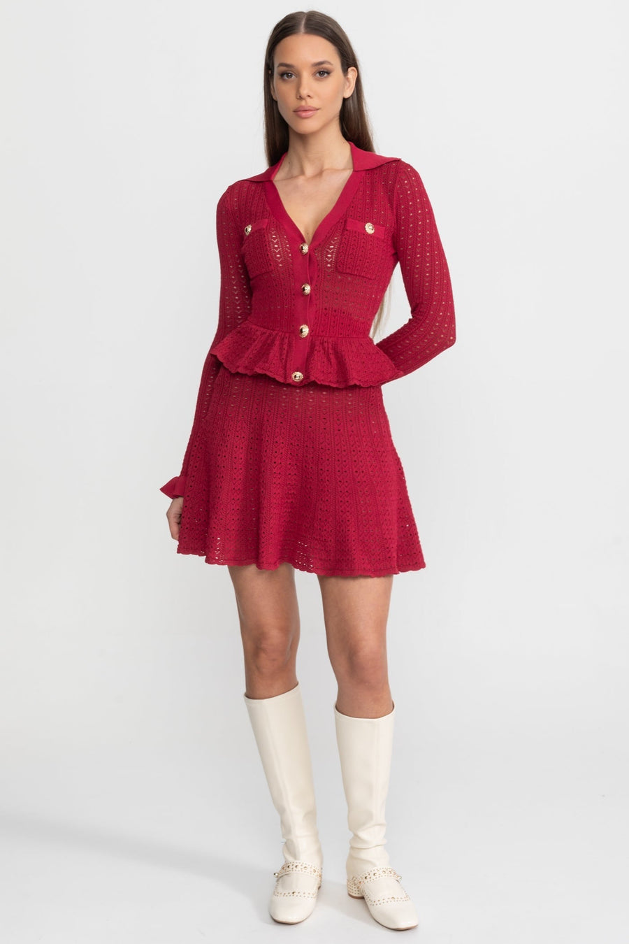 Magdalena Dark Red Pointelle Knit Mini Dress with Peplum Hem