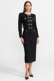 Augustine Black Textured Tweed Midi Dress with Crystal Button Detail