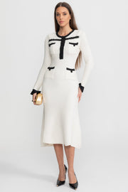 Textured Midi Dress with Contrast Embroidered Trim – Ivoire