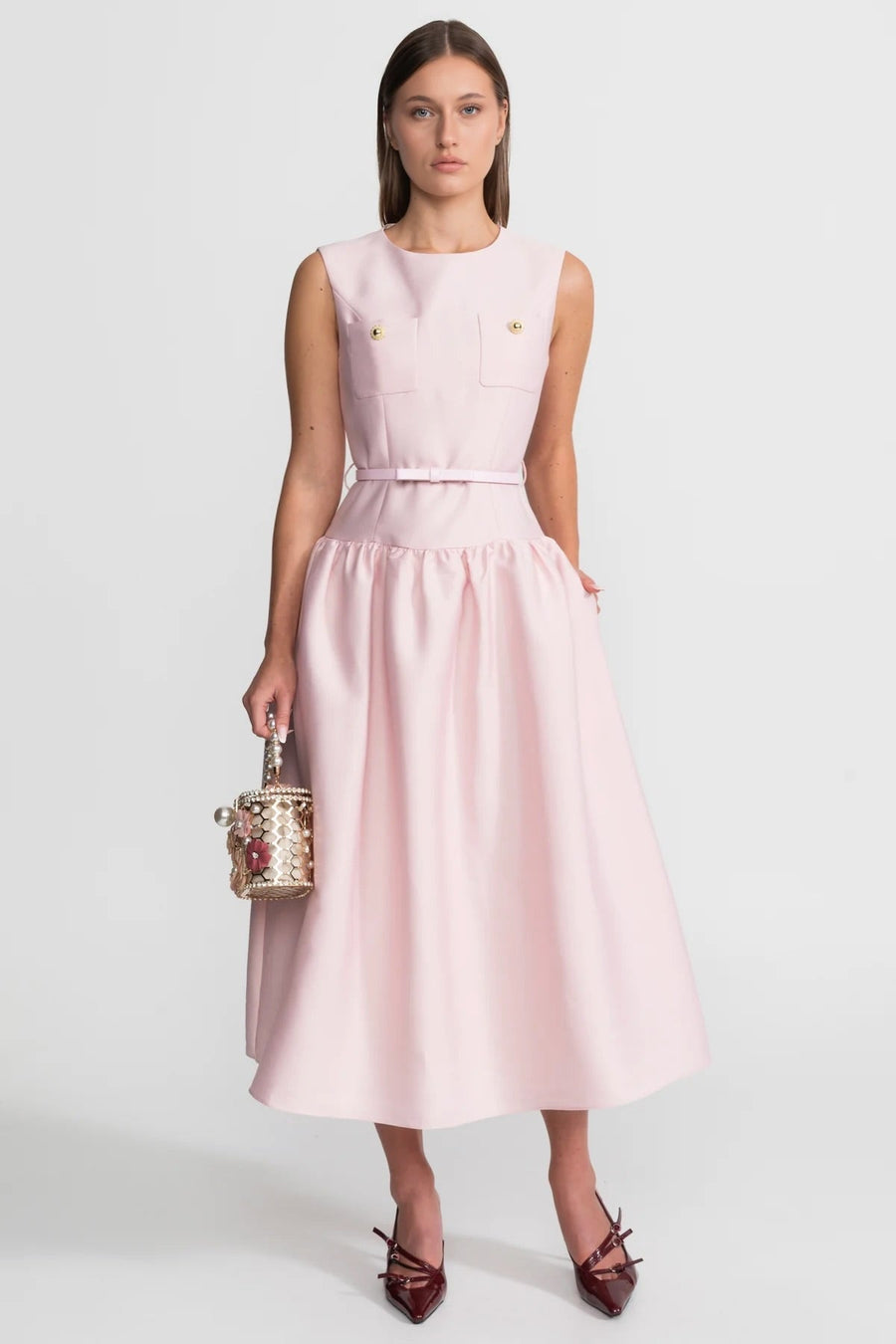 Sleeveless Midi Dress With Belted Waist And Front Pockets – Blush Pink