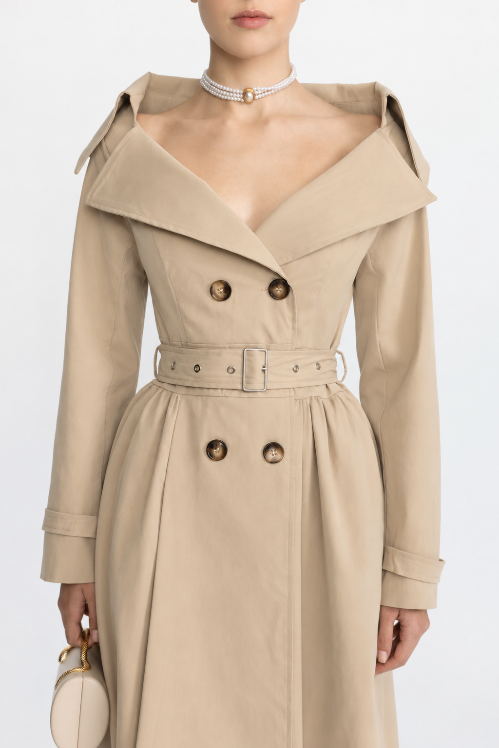 Ariane Beige Off-Shoulder Collar Belted Trench Dress