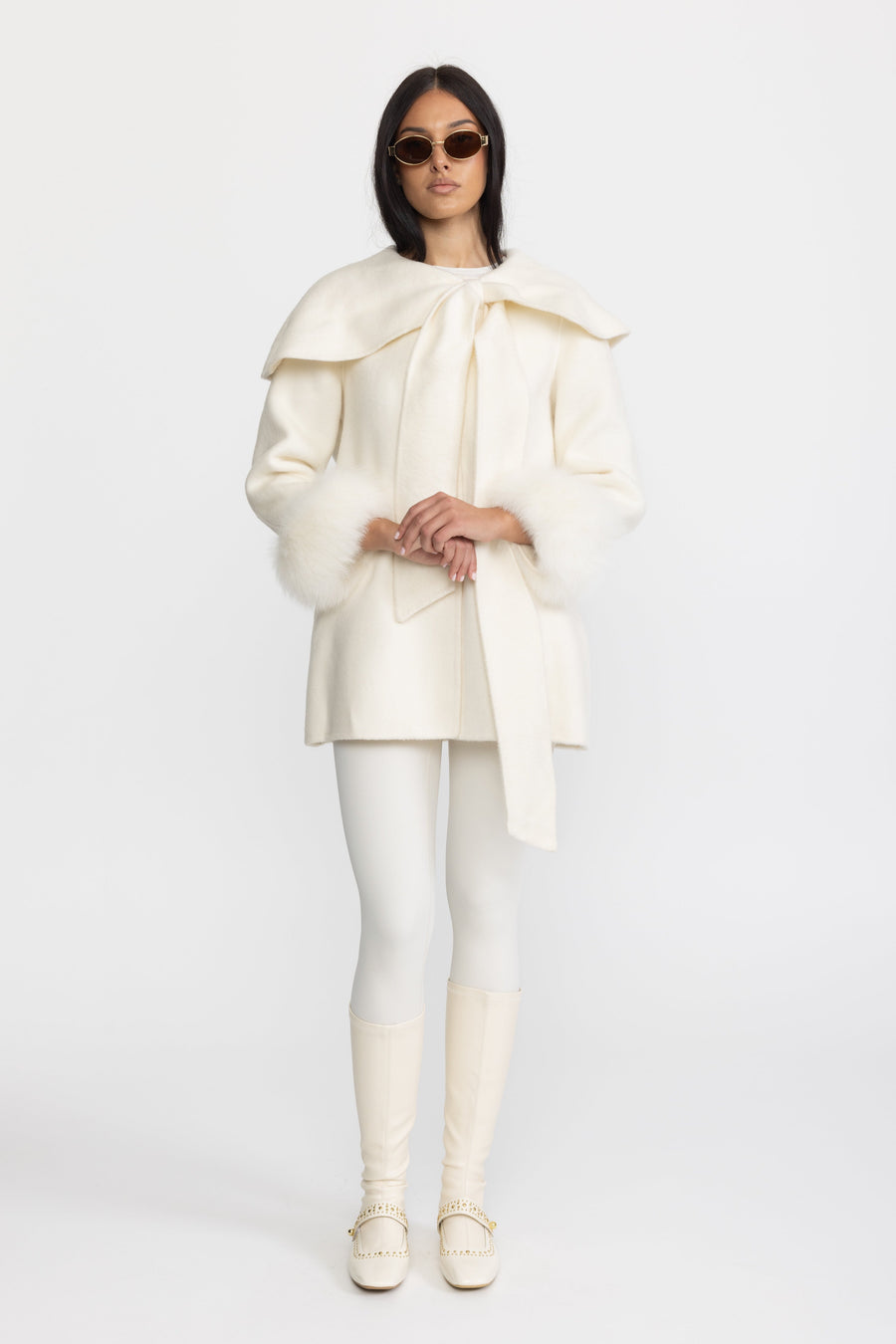 Capelet Collar Wool Jacket with Bow and Fur-Effect Cuffs - Ivoire
