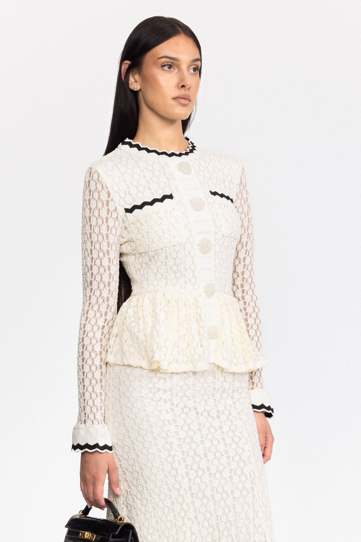 Crochet Knit Peplum Midi Dress with Ric-Rac Trim - Off-White