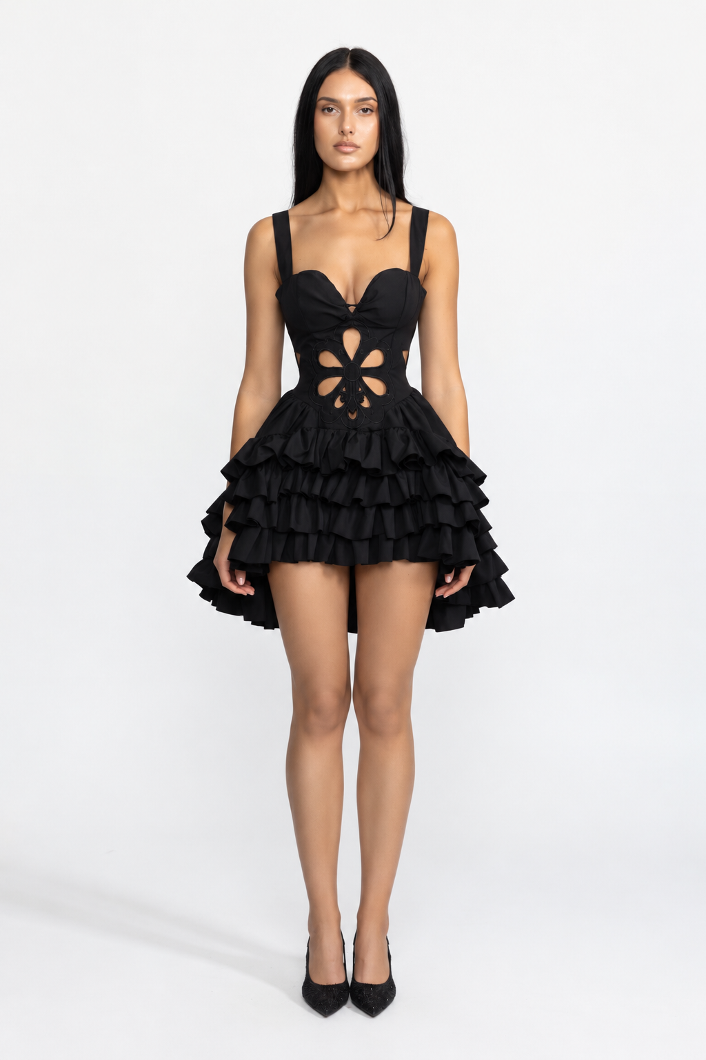 Celestine Black Embroidered Flower Cutout Ruffle Mini Dress