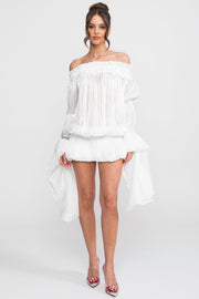 Off-Shoulder Ruffle Mini Dress With Draped Sleeves - White