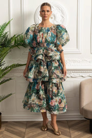 Puff Sleeve Tiered Ruffle Midi Dress - Green