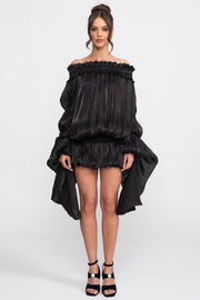 Off-Shoulder Ruffle Mini Dress With Draped Sleeves - Black