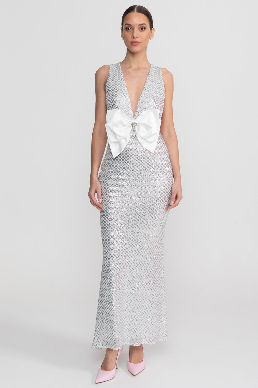 Sequin Maxi Dress With Satin Bow Detail - Light Grey